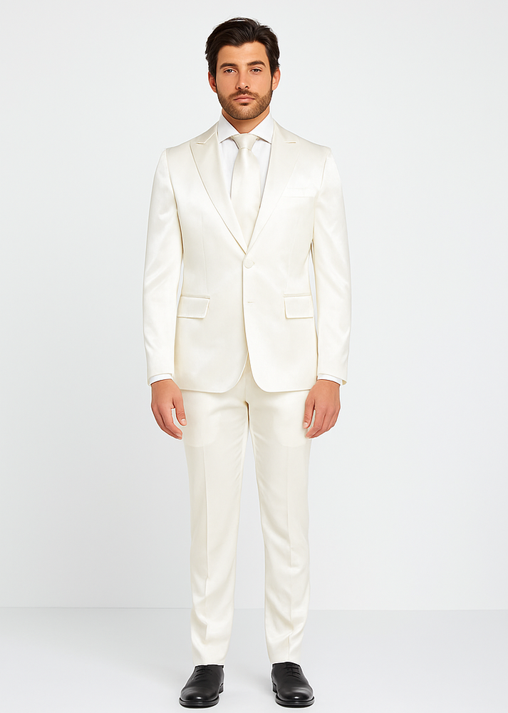 Rossiman White Sateen Suit for Men | High-Shine Formal Elegance – Italian Tailored Luxury Double-Breasted Suit
