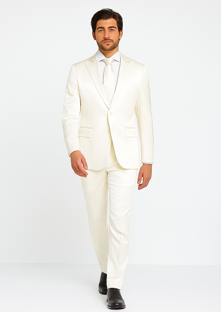 Rossiman White Sateen Suit for Men | High-Shine Formal Elegance – Italian Tailored Luxury Double-Breasted Suit