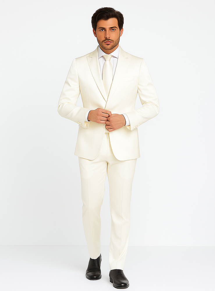 Rossiman White Sateen Suit for Men | High-Shine Formal Elegance – Italian Tailored Luxury Double-Breasted Suit