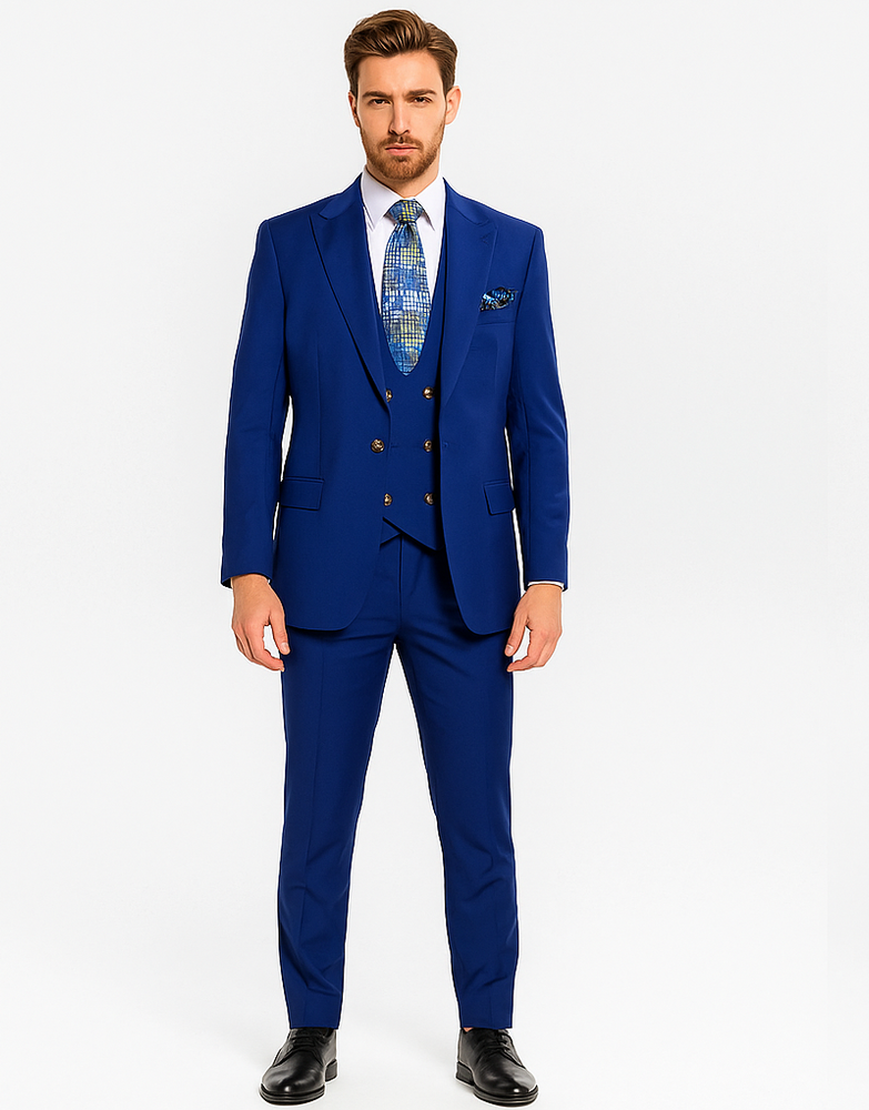 Rossiman Men’s Royal Blue Slim Fit Suit | Sophisticated Double-Breasted Design – Italian Tailored 3-Piece Luxury Suit