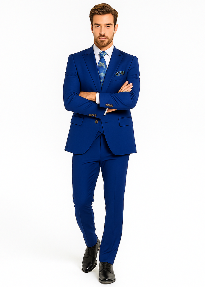 Rossiman Men’s Royal Blue Slim Fit Suit | Sophisticated Double-Breasted Design – Italian Tailored 3-Piece Luxury Suit