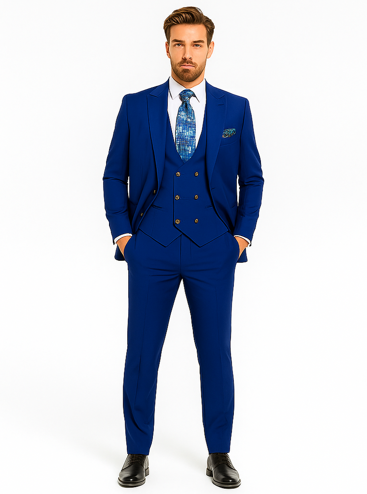 Rossiman Men’s Royal Blue Slim Fit Suit | Sophisticated Double-Breasted Design – Italian Tailored 3-Piece Luxury Suit