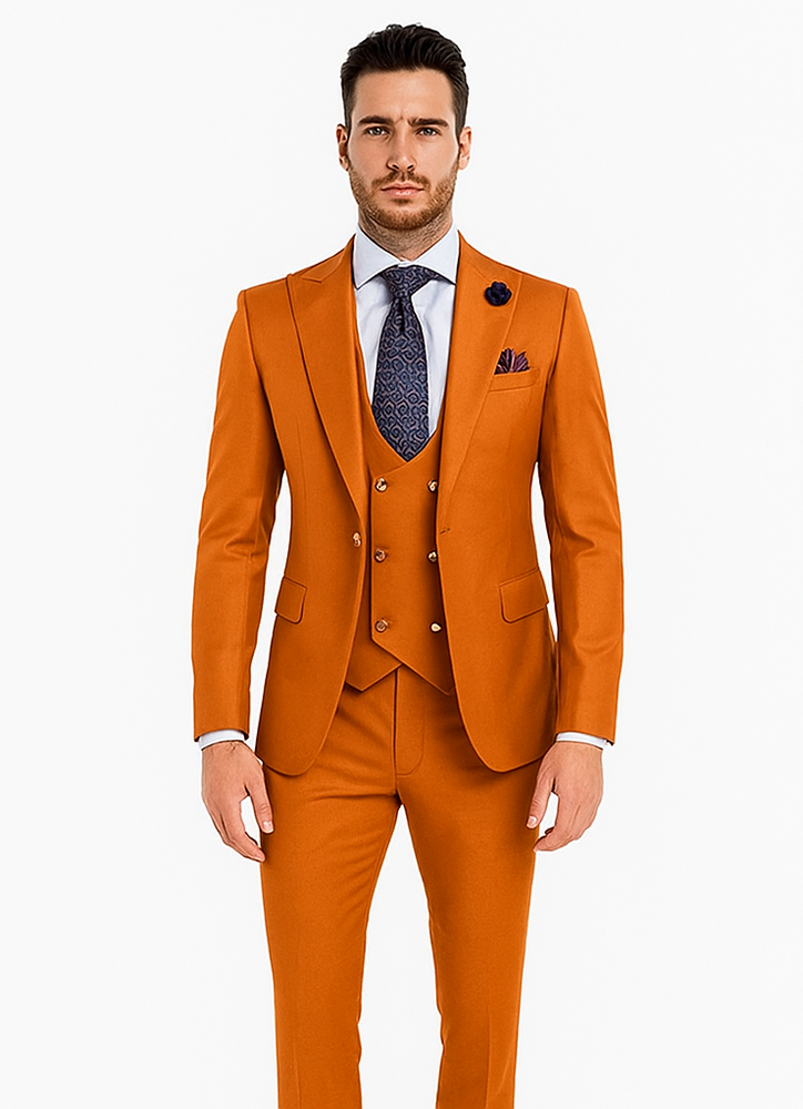 Rossiman Men’s Rust Slim Fit Suit | 3-Piece Set with Double-Breasted Vest & Flat Front Pants – Italian Tailored Luxury