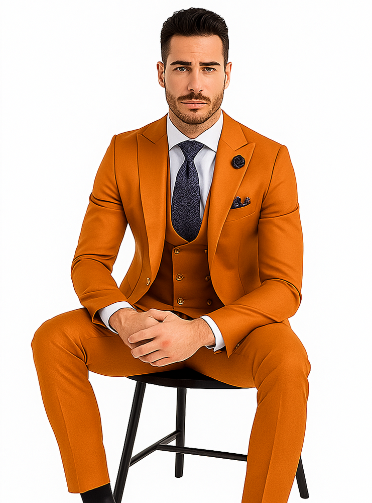 Rossiman Men’s Rust Slim Fit Suit | 3-Piece Set with Double-Breasted Vest & Flat Front Pants – Italian Tailored Luxury
