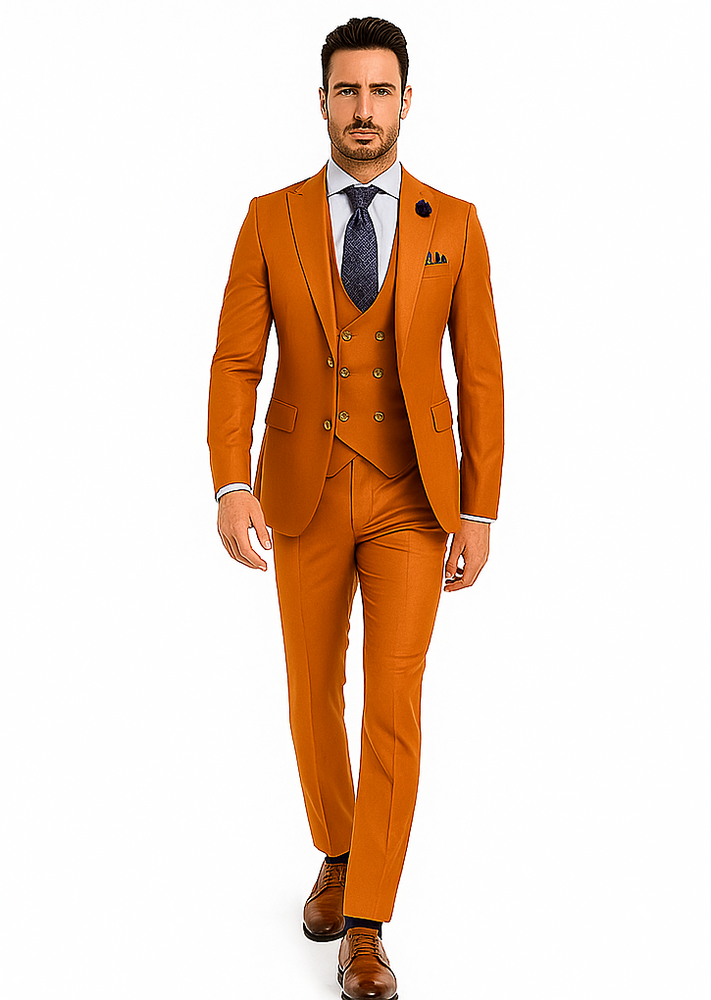 Rossiman Men’s Rust Slim Fit Suit | 3-Piece Set with Double-Breasted Vest & Flat Front Pants – Italian Tailored Luxury
