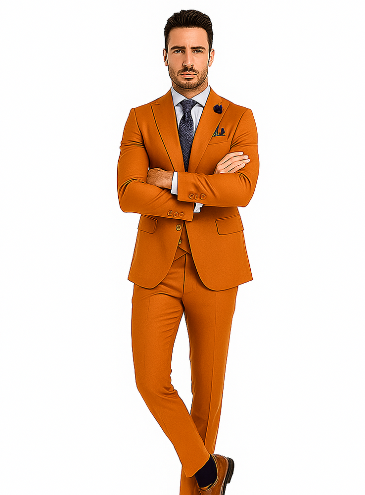 Rossiman Men’s Rust Slim Fit Suit | 3-Piece Set with Double-Breasted Vest & Flat Front Pants – Italian Tailored Luxury