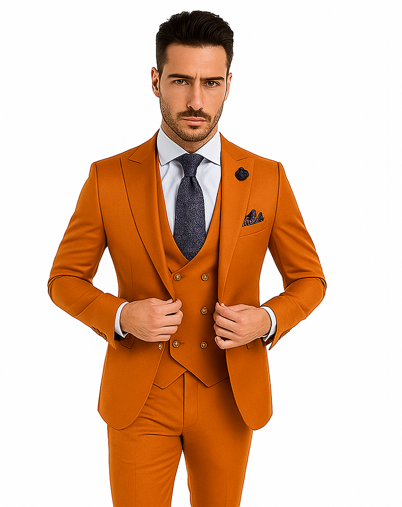 Rossiman Men’s Rust Slim Fit Suit | 3-Piece Set with Double-Breasted Vest & Flat Front Pants – Italian Tailored Luxury