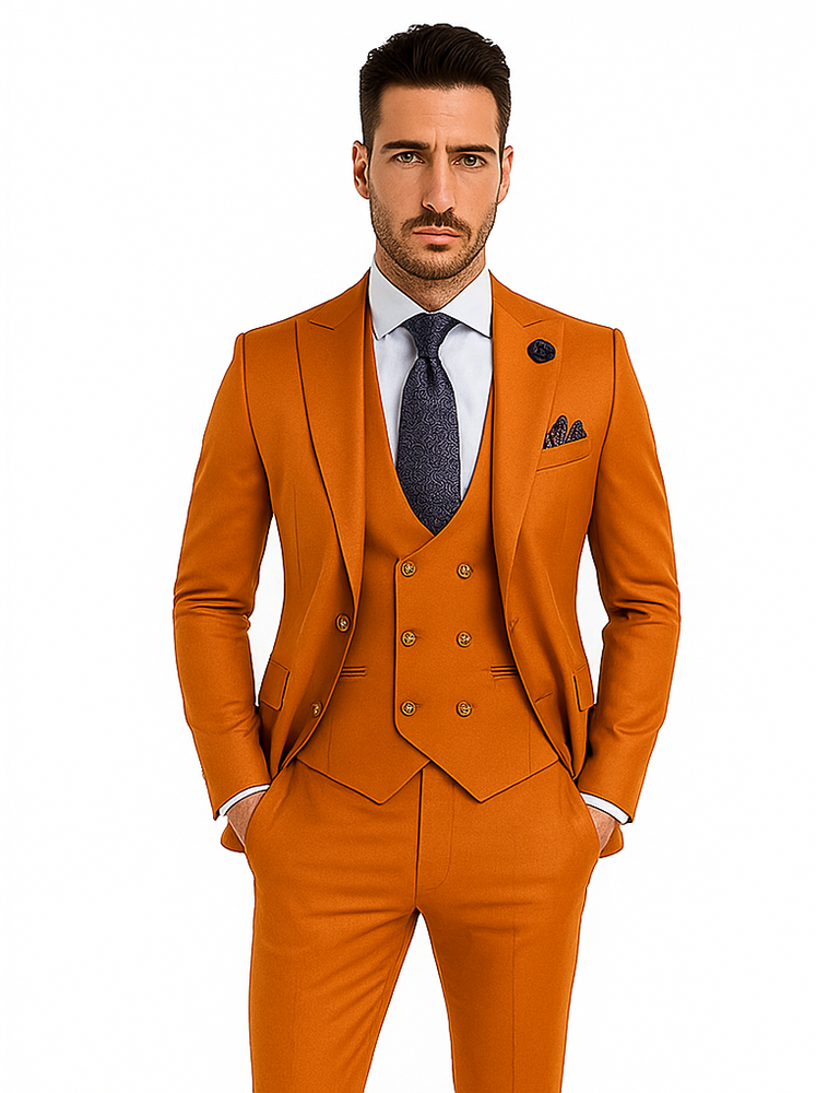 Rossiman Men’s Rust Slim Fit Suit | 3-Piece Set with Double-Breasted Vest & Flat Front Pants – Italian Tailored Luxury