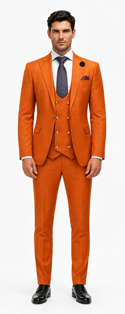 Rossiman Men's Rust Slim Fit Suit – 3-Piece Set with Double-Breasted Vest & Flat Front Pants