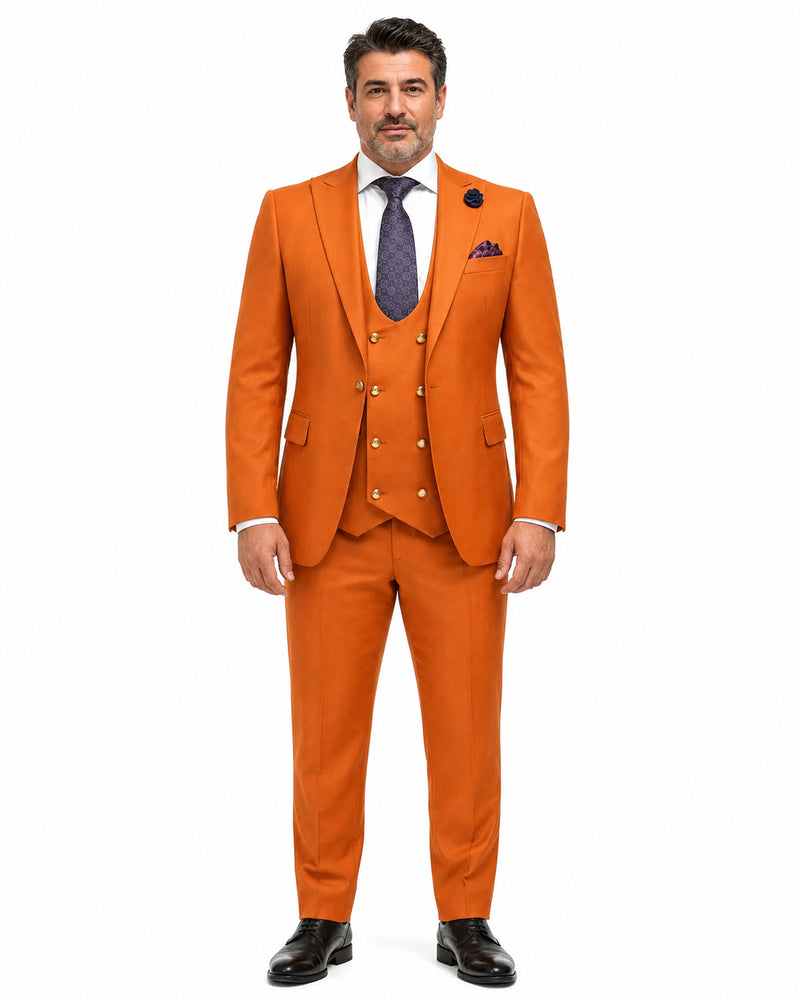 Rossiman Men's Rust Slim Fit Suit – 3-Piece Set with Double-Breasted Vest & Flat Front Pants