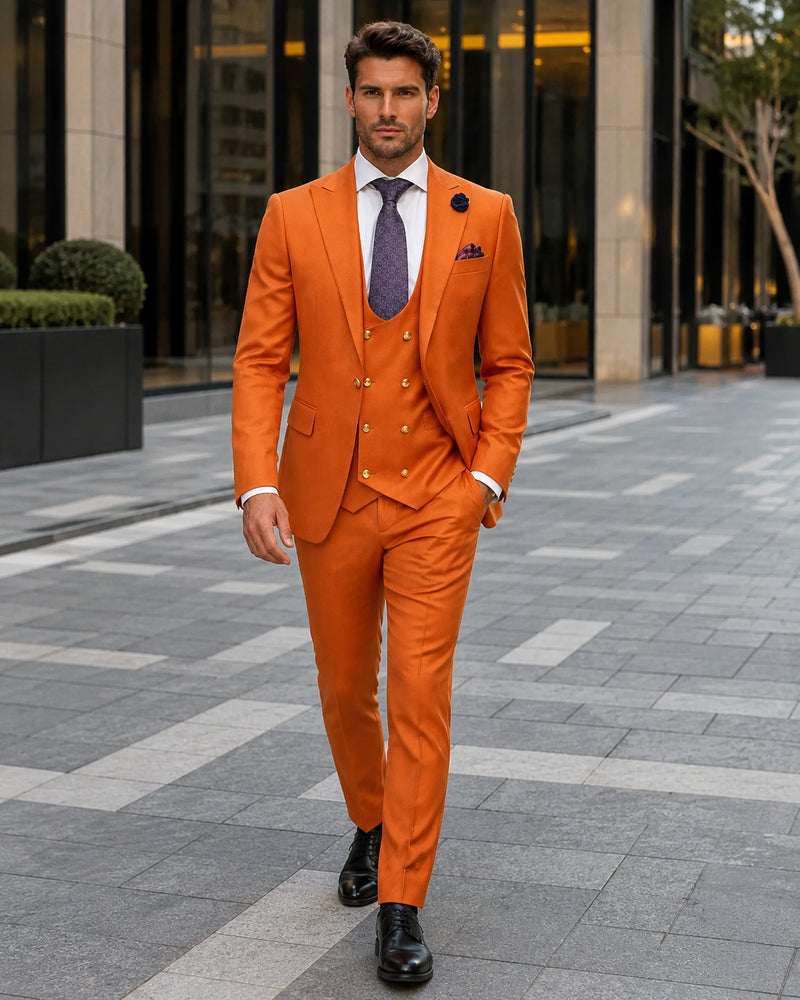 Rossiman Men's Rust Slim Fit Suit – 3-Piece Set with Double-Breasted Vest & Flat Front Pants