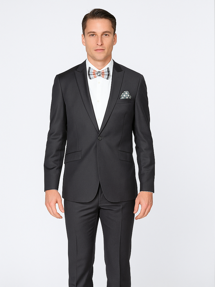 Rossiman Men’s Slim Fit Gray Wool Suit | 1-Button Peak Lapel Jacket & Tapered Low-Rise Pants – Italian Tailored 3-Piece Luxury Suit