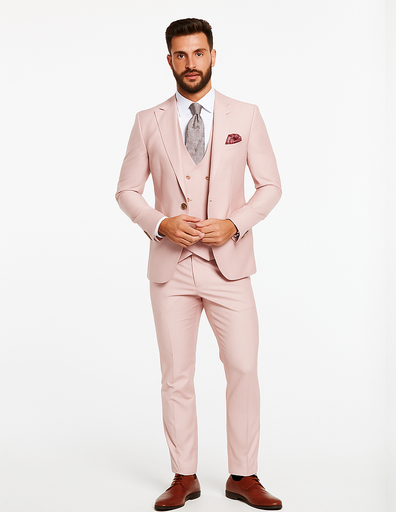 Rossiman Men’s Slim Fit Pink Suit | Elegant Double-Breasted Vest & Tailored Flat Front Pants – Italian 3-Piece Luxury Suit