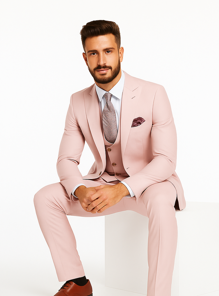 Rossiman Men’s Slim Fit Pink Suit | Elegant Double-Breasted Vest & Tailored Flat Front Pants – Italian 3-Piece Luxury Suit
