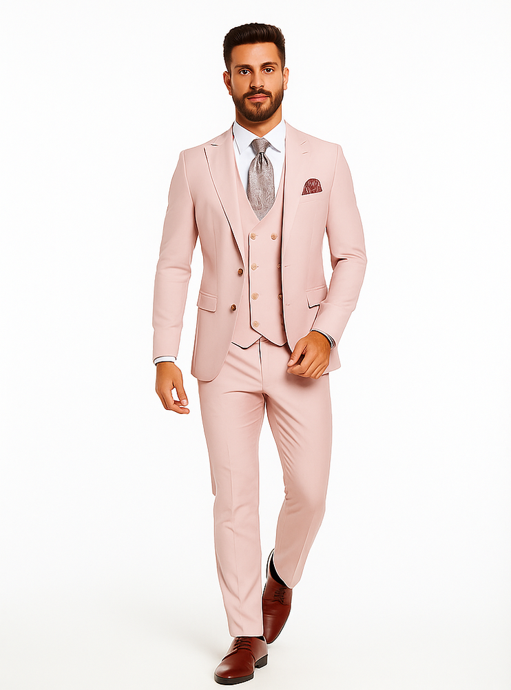 Rossiman Men’s Slim Fit Pink Suit | Elegant Double-Breasted Vest & Tailored Flat Front Pants – Italian 3-Piece Luxury Suit