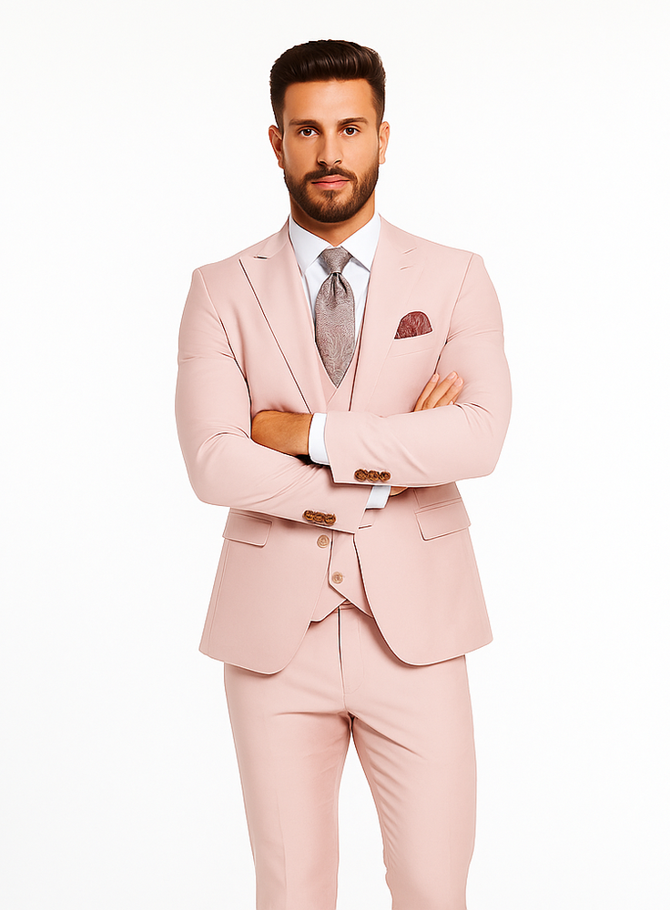 Rossiman Men’s Slim Fit Pink Suit | Elegant Double-Breasted Vest & Tailored Flat Front Pants – Italian 3-Piece Luxury Suit