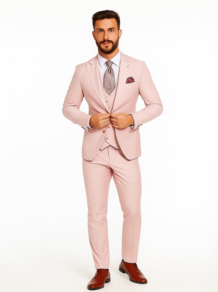 Rossiman Men’s Slim Fit Pink Suit | Elegant Double-Breasted Vest & Tailored Flat Front Pants – Italian 3-Piece Luxury Suit