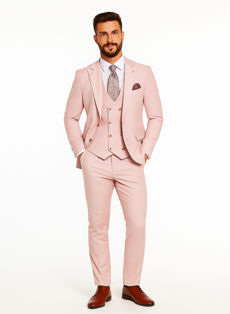 Rossiman Men’s Slim Fit Pink Suit | Elegant Double-Breasted Vest & Tailored Flat Front Pants – Italian 3-Piece Luxury Suit