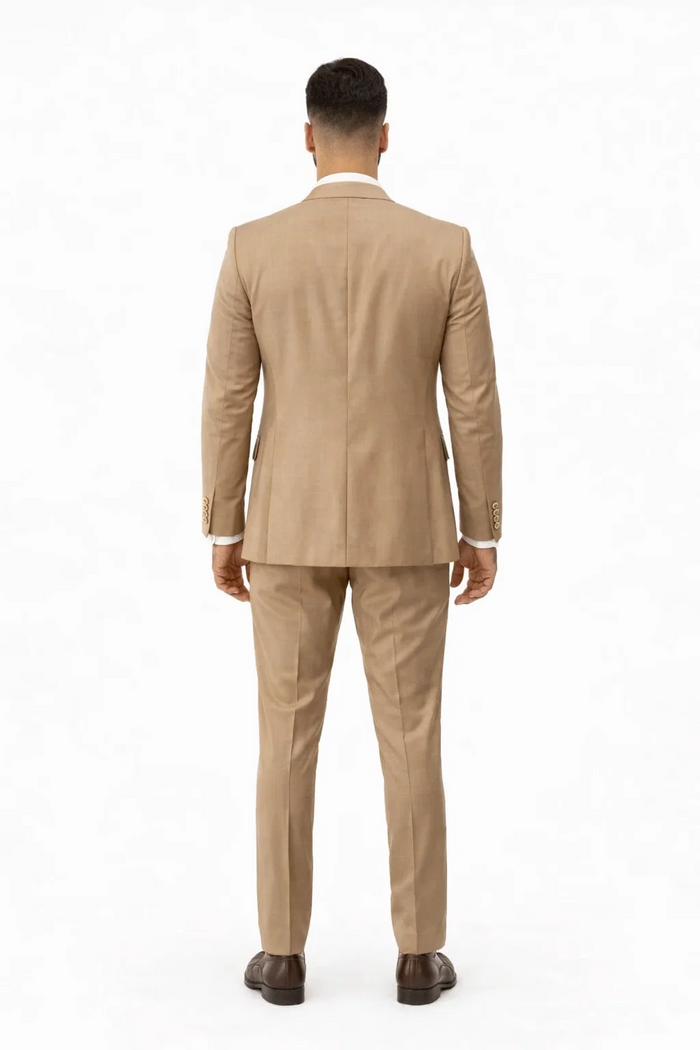 Rossiman Men’s Tan Suit – Gold Buttons & Double-Breasted Vest Elegance
