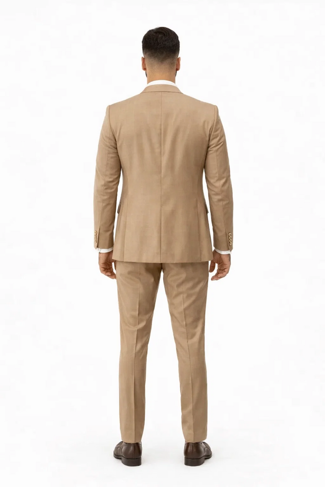 Rossiman Men’s Tan Suit – Gold Buttons & Double-Breasted Vest Elegance