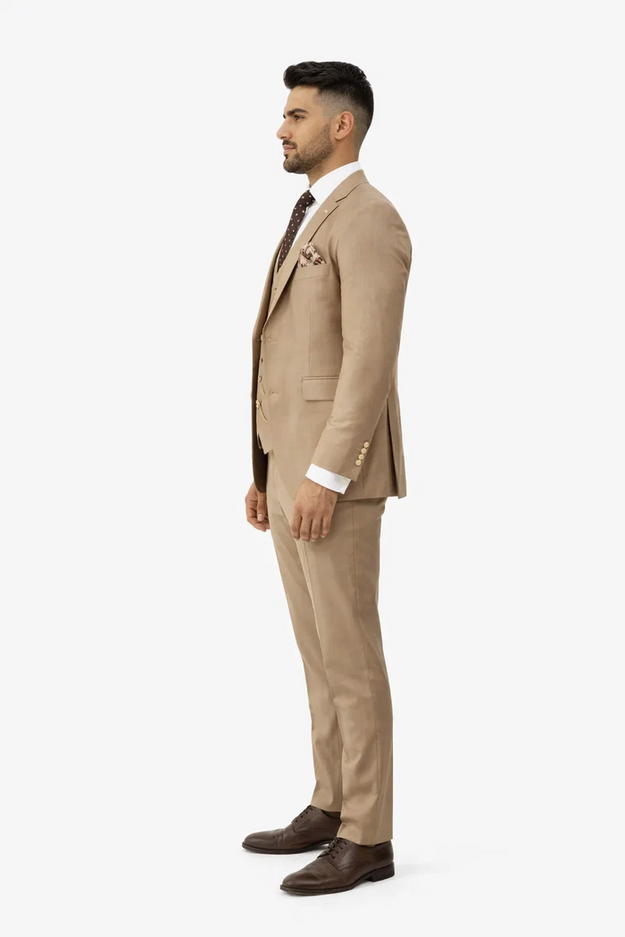 Rossiman Men’s Tan Suit – Gold Buttons & Double-Breasted Vest Elegance