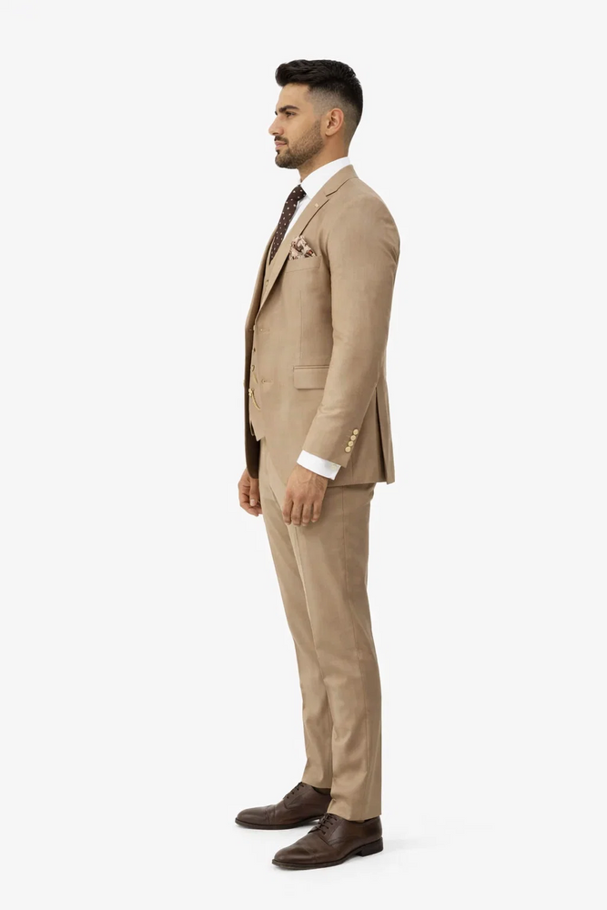 Rossiman Men’s Tan Suit – Gold Buttons & Double-Breasted Vest Elegance