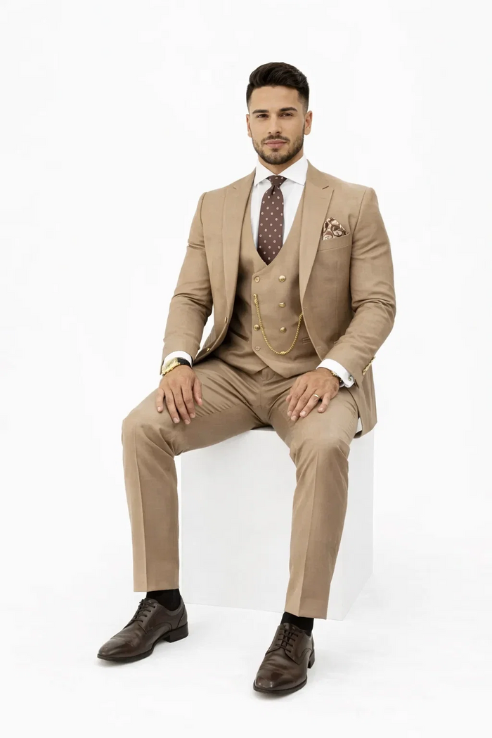 Rossiman Men’s Tan Suit – Gold Buttons & Double-Breasted Vest Elegance