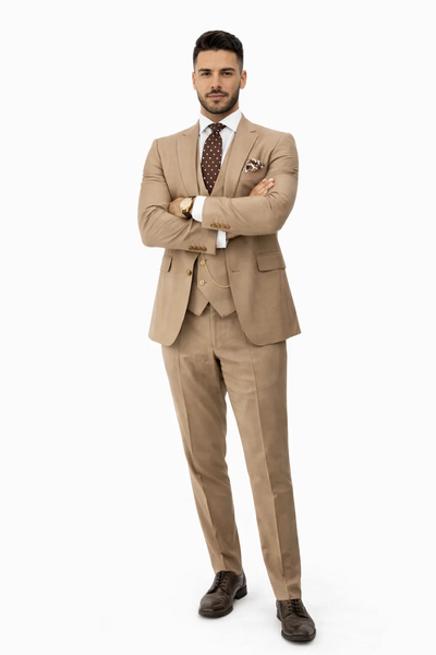 Rossiman Men’s Tan Suit – Gold Buttons & Double-Breasted Vest Elegance
