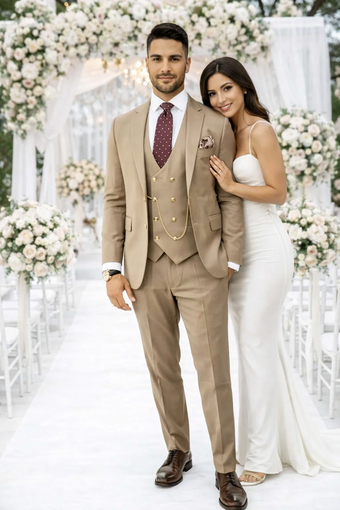 Rossiman Men’s Tan Suit – Gold Buttons & Double-Breasted Vest Elegance