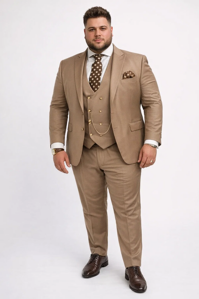 Rossiman Men’s Tan Suit – Gold Buttons & Double-Breasted Vest Elegance