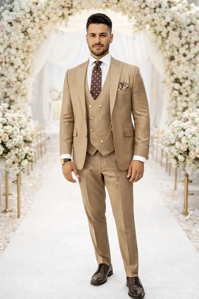 Rossiman Men’s Tan Suit – Gold Buttons & Double-Breasted Vest Elegance