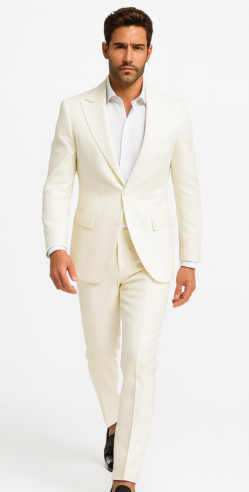 Rossiman Men’s White Seersucker Suit – Peak Lapel Summer Formalwear