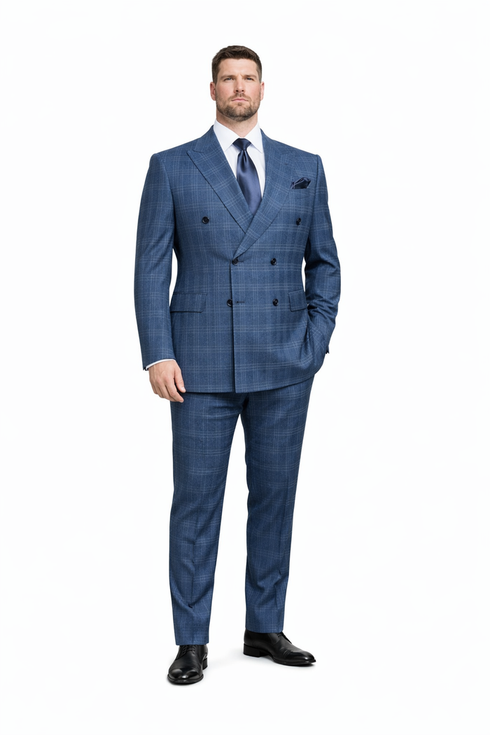 Mens Rossiman Blue Plaid Double Breasted Suit – Modern 6-Button Tailored Fit