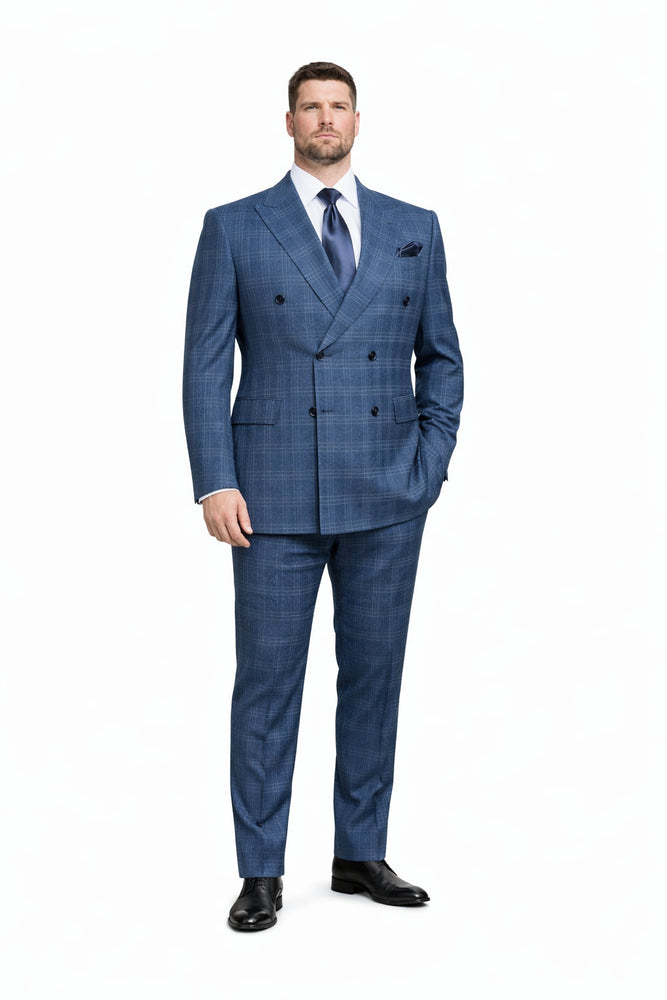 Mens Rossiman Blue Plaid Double Breasted Suit – Modern 6-Button Tailored Fit