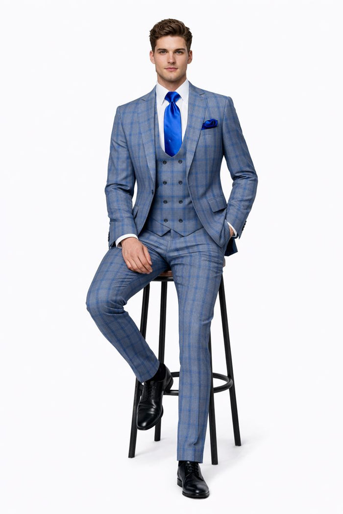 Royal Blue Windowpane 3-Piece Modern Tailored Suit by Rossiman