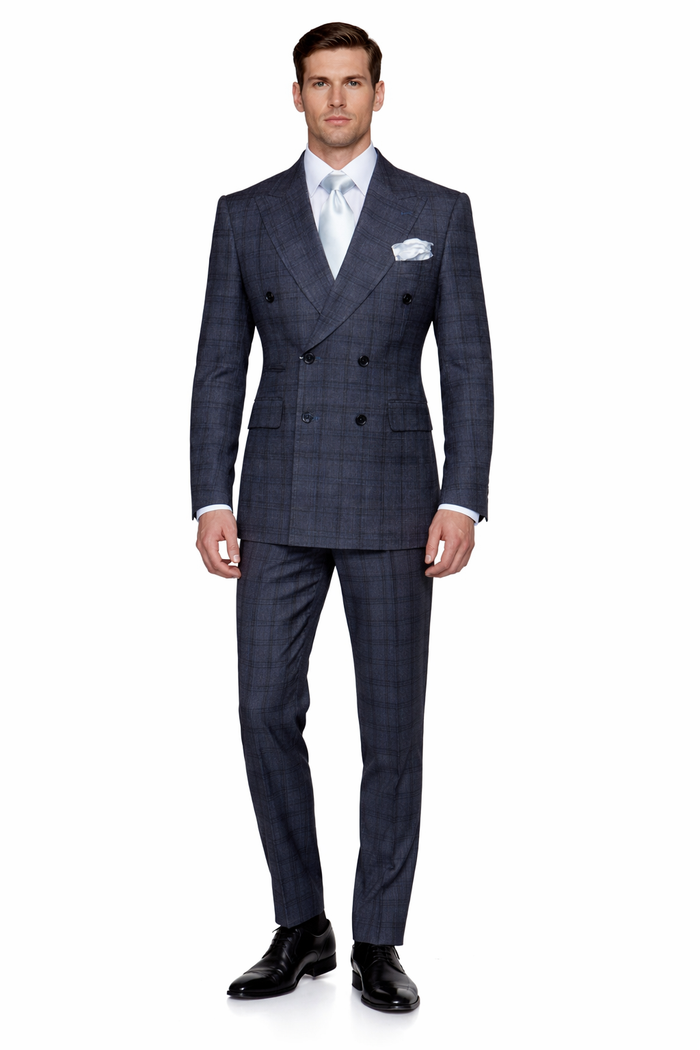 Navy Windsor Plaid Double-Breasted 3-Piece Luxury Suit by Rossiman