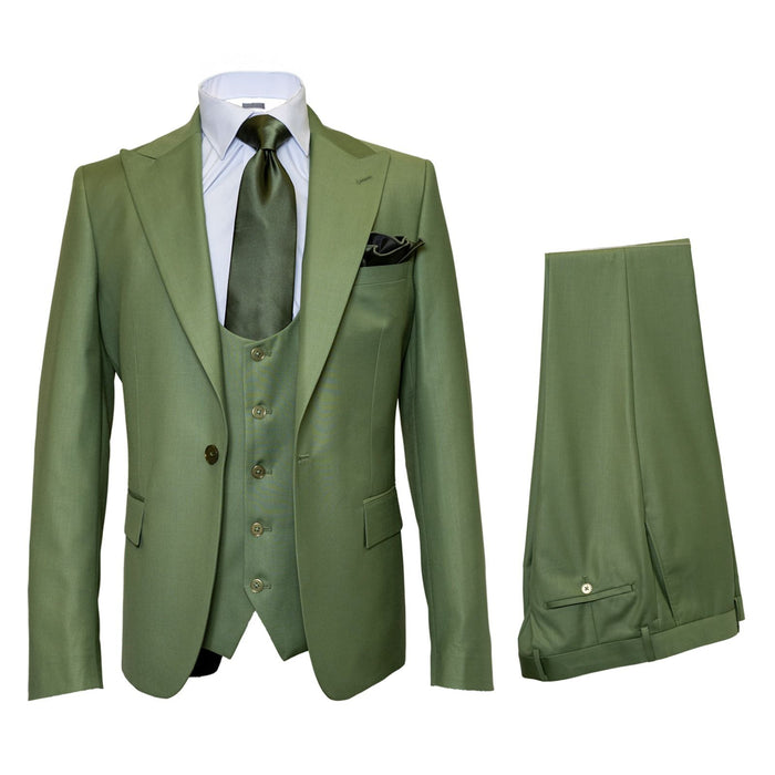 Rossiman Sovereign Olive Green 3-Piece Luxe Satin Suit