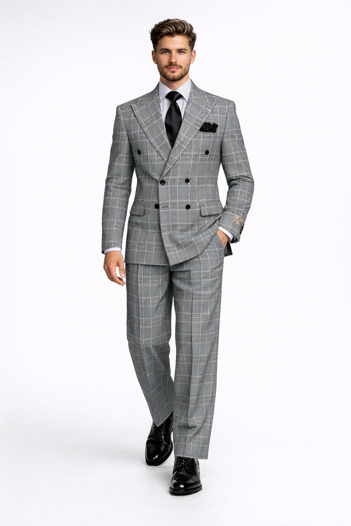 Suits With Baggy Pleated Pants - Wide Leg Pants 100% Wool - Classic Fit in Black and White Plaid Color by Rossiman