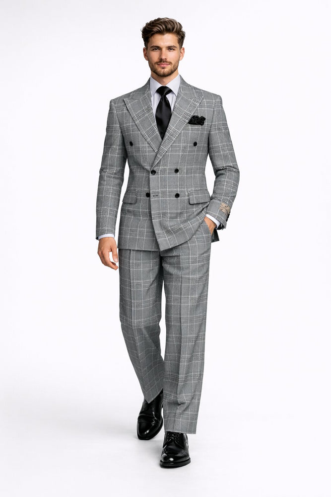 Suits With Baggy Pleated Pants - Wide Leg Pants 100% Wool - Classic Fit in Black and White Plaid Color by Rossiman
