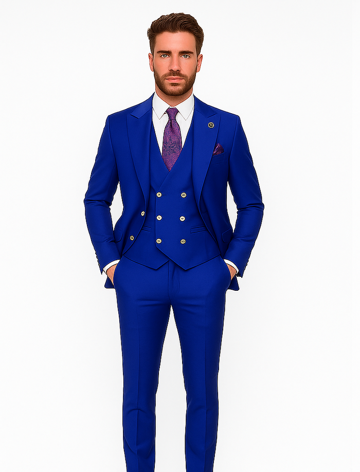 Rossiman Royal Blue Suit for Men | Classic 1-Button Peak Lapel Jacket & Double-Breasted Vest – Italian Tailored 3-Piece Luxury Suit