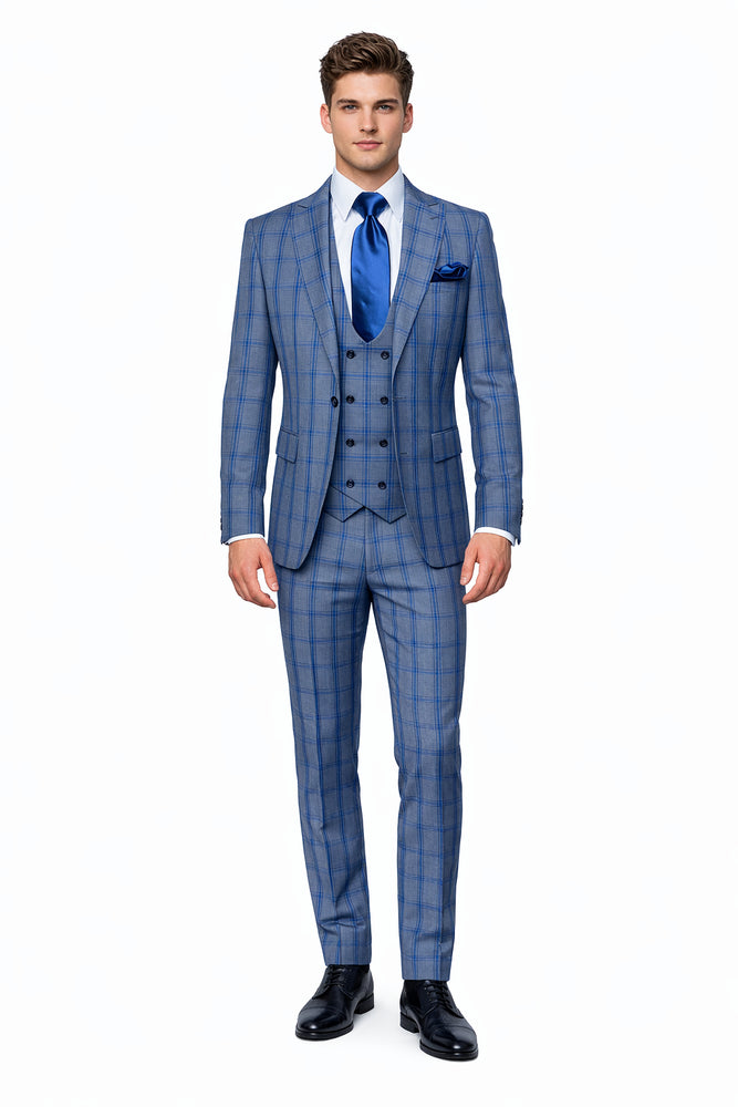 Royal Blue Windowpane 3-Piece Modern Tailored Suit by Rossiman