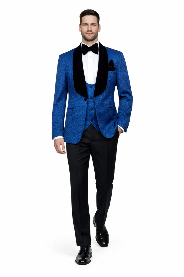 Rossiman Royal Midnight Blue Velvet-Lapel 3-Piece Gala Tuxedo Suit