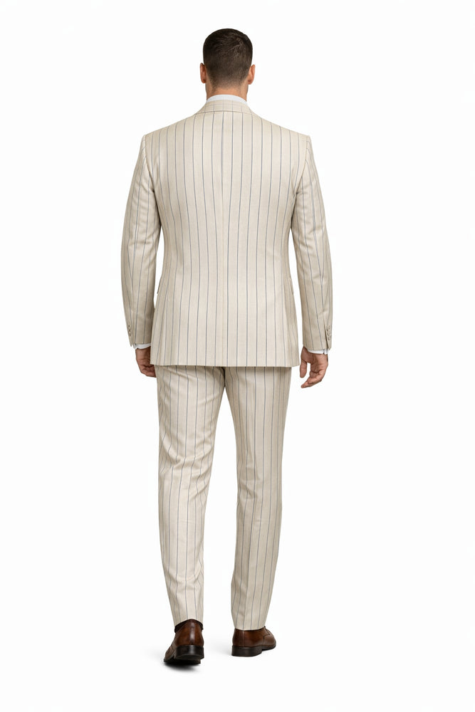 Sandline Beige & Blue Pinstripe 3-Piece Executive Suit by Rossiman