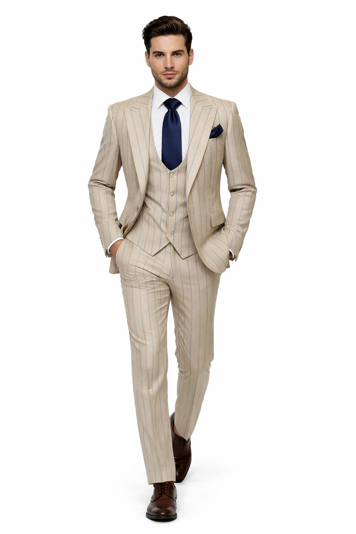 Sandline Beige & Blue Pinstripe 3-Piece Executive Suit by Rossiman