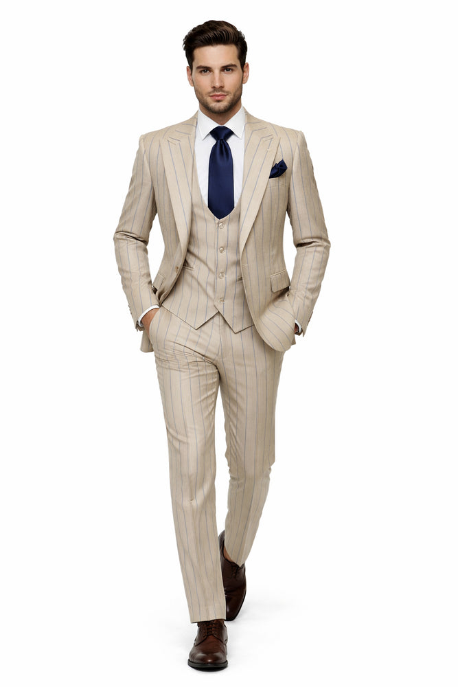 Sandline Beige & Blue Pinstripe 3-Piece Executive Suit by Rossiman