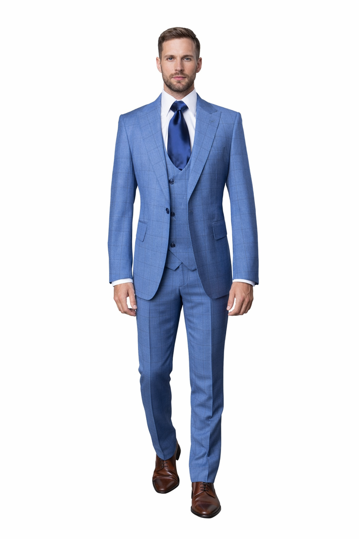 Sky Blue Windowpane 3-Piece Tailored Wedding Suit by Rossiman