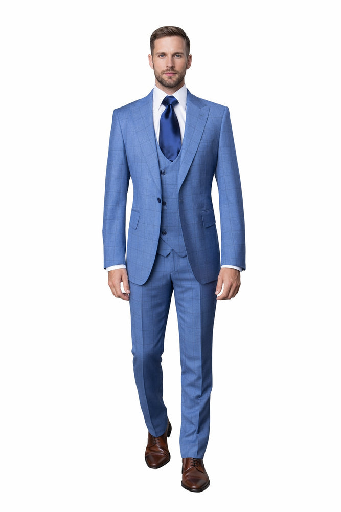Sky Blue Windowpane 3-Piece Tailored Wedding Suit by Rossiman