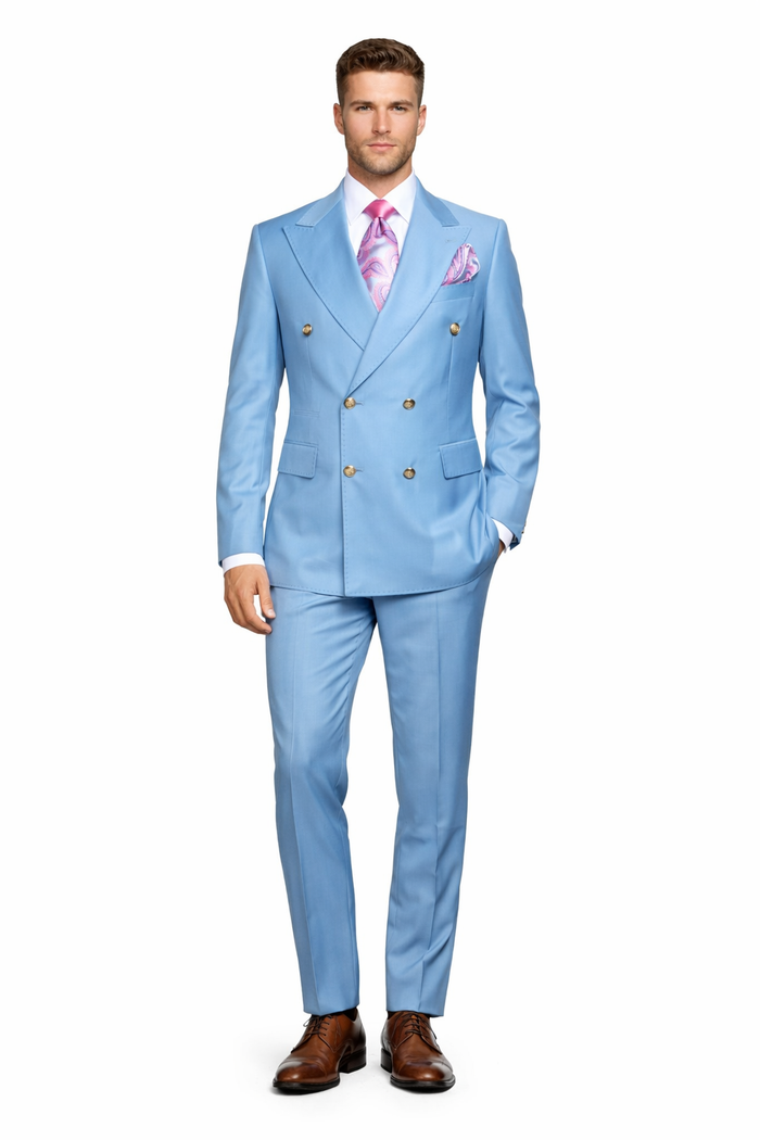 Sky Royale Double-Breasted 3-Piece Luxury Suit in Powder Blue by Rossiman