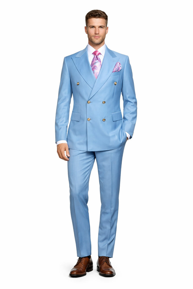 Sky Royale Double-Breasted 3-Piece Luxury Suit in Powder Blue by Rossiman