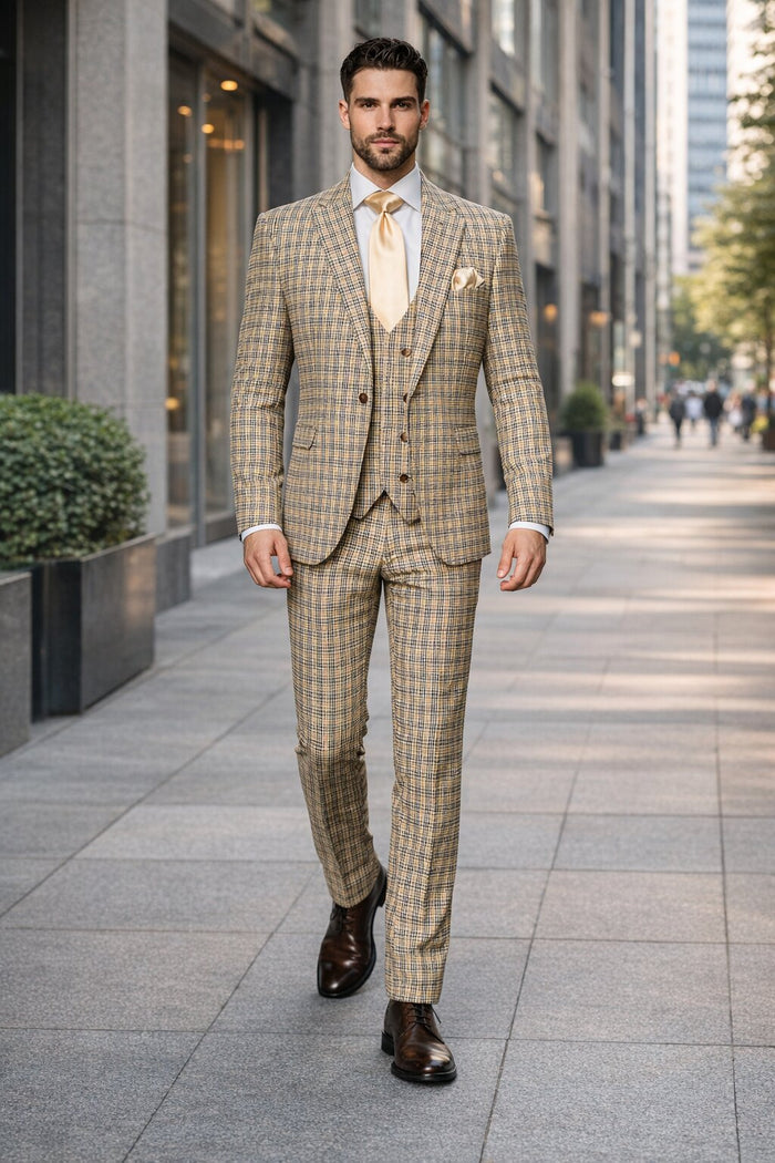 Mens Rossiman Tan Plaid 3-Piece Vested Suit – Classic Tailored Fit
